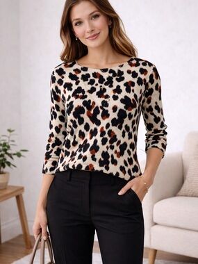 Minuet Petite  animal Print Knit Top Small 3/4 Sleeve Beige Black